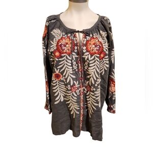 Johnny Was Charcoal Blouse with Red Floral Embroidery